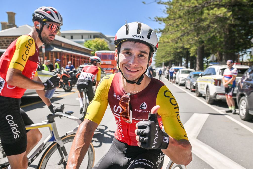 Cofidis rider Bryan Coquard from France reacts after winning stage 4 of the Tour Down Under cycling race in Adelaide on January 24, 2025. (Photo by Brenton Edwards / AFP)