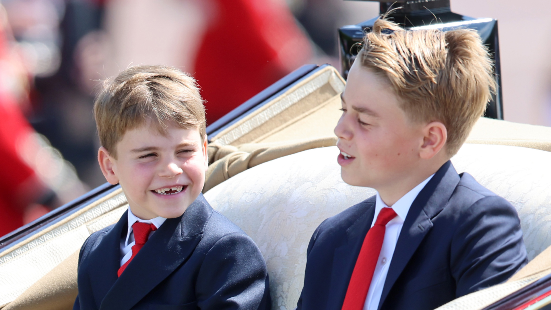 Prince Louis and Prince George laughing in the carriage as they arrive at Trooping the Colour 2025