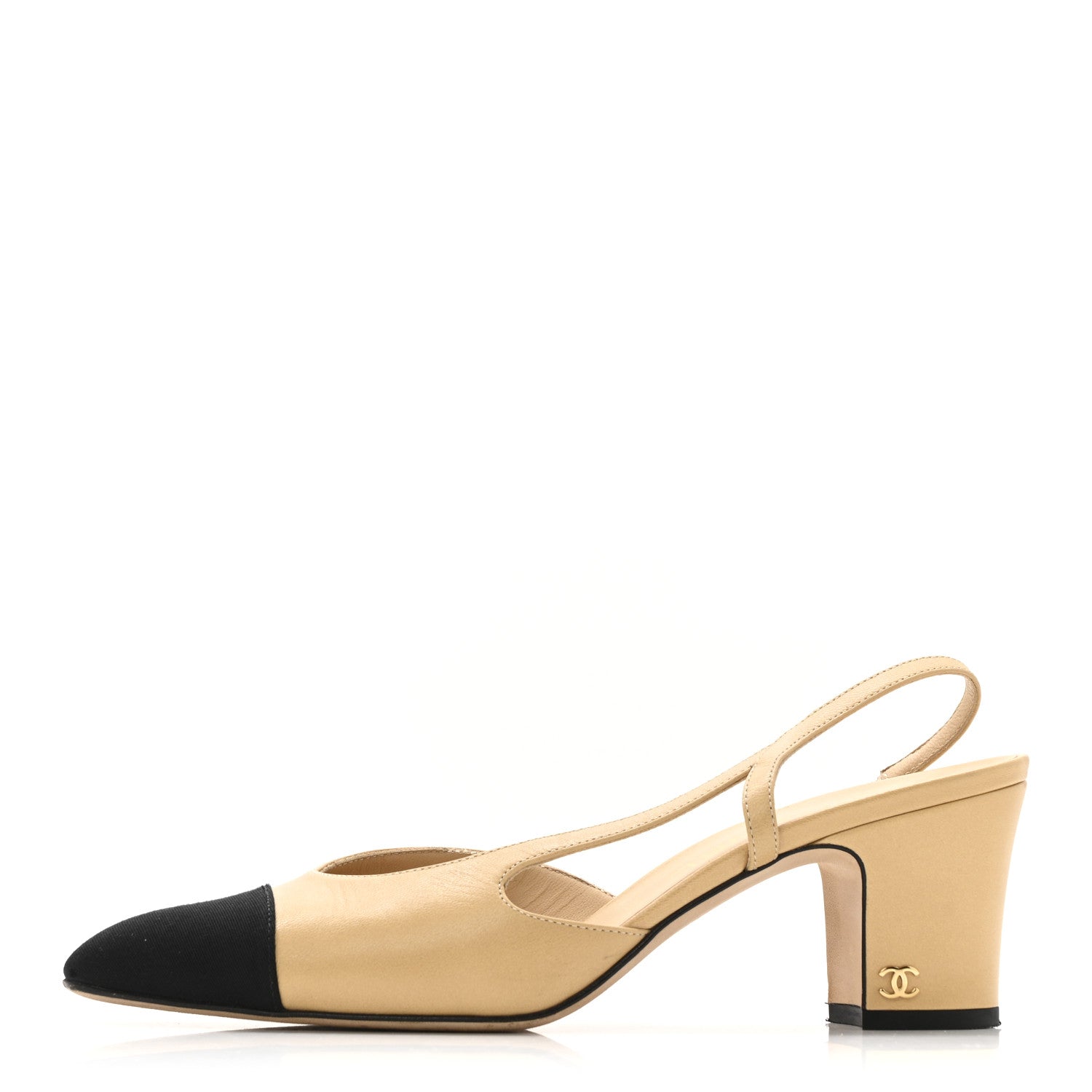 Goatskin Grosgrain Cap Toe Cc Slingback Pumps 38.5 Beige Black