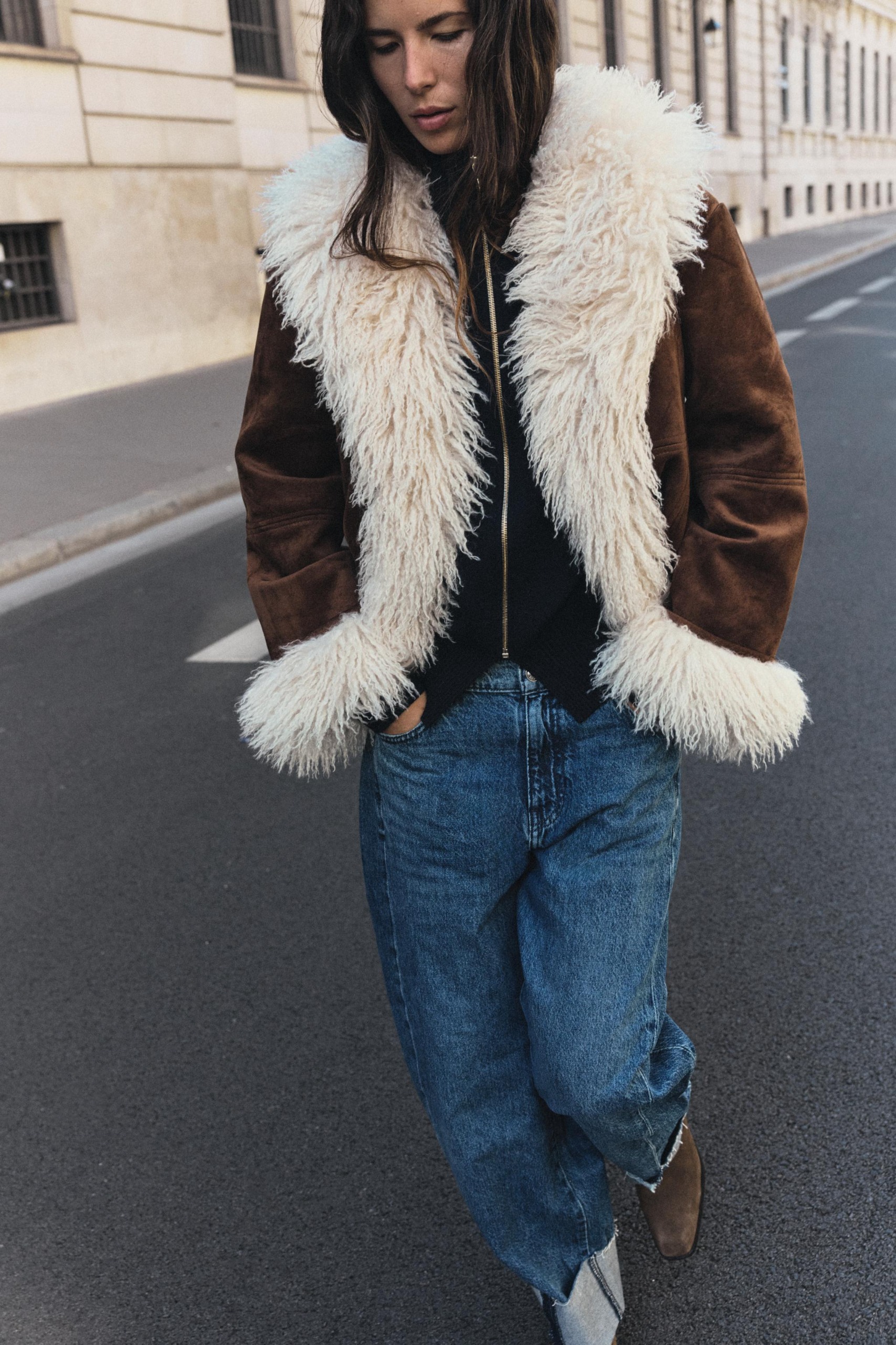 Combined Jacket With Faux Fur - Brown - Xs