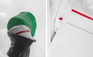 Still life of a trio of bucket hats and a close-up of a white gilet