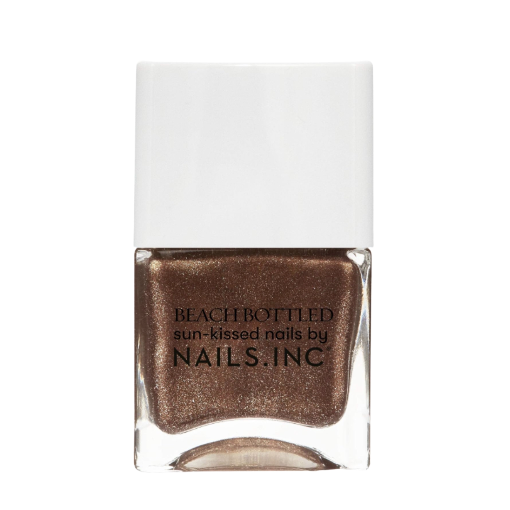 A product shot of the Nails Inc nail polish in shade Living For Tan Lines (which is a shimmery brown shade), on a white background