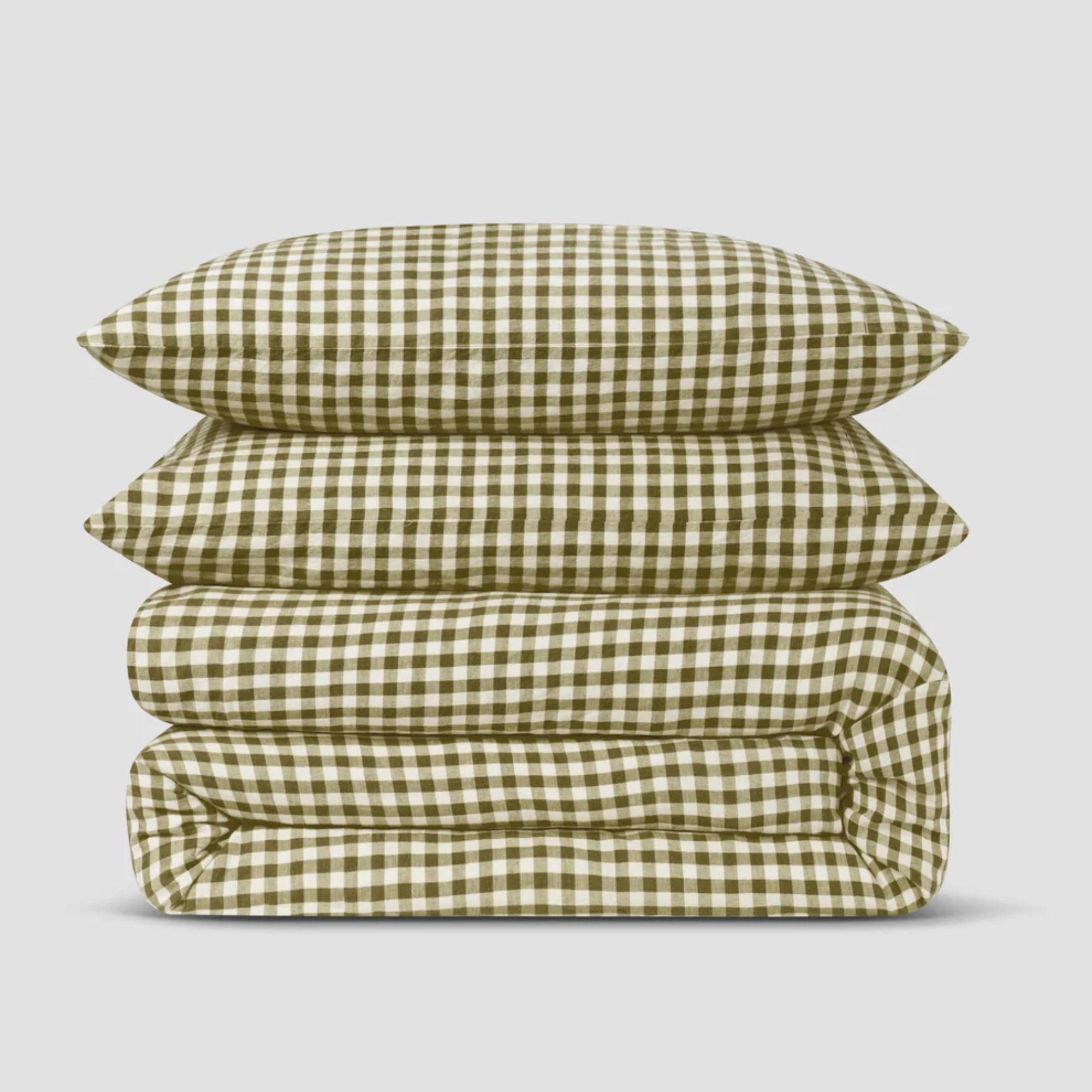 Piglet in Bed green gingham linen blend duvet set