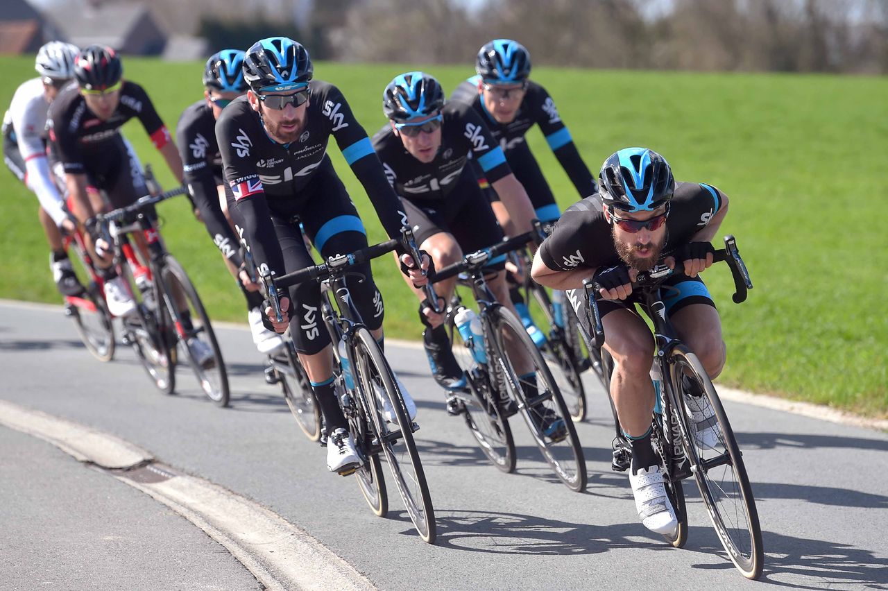 Team Sky lead through the corner