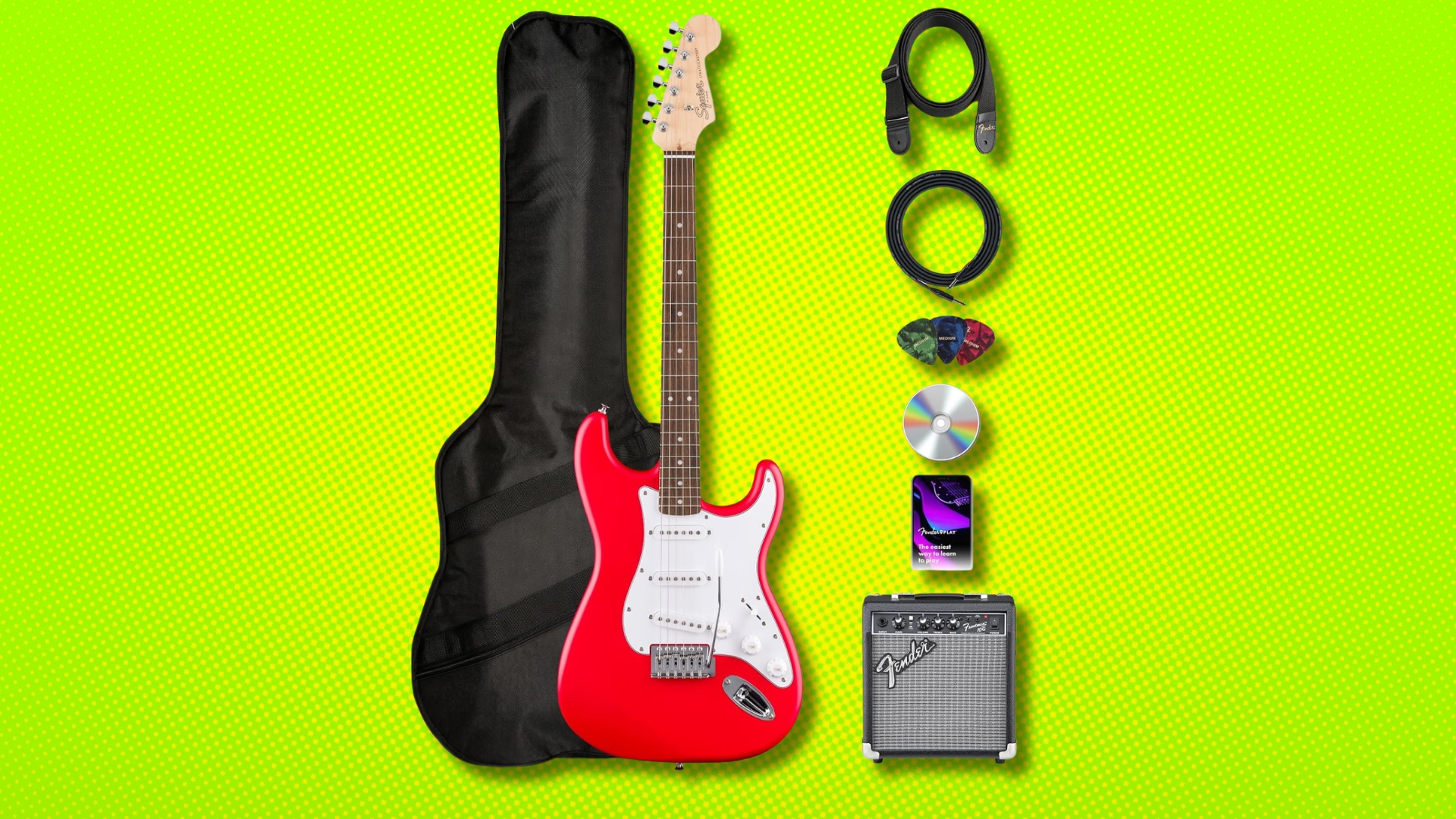 A Squier Stratocaster Bundle with various guitar accessories