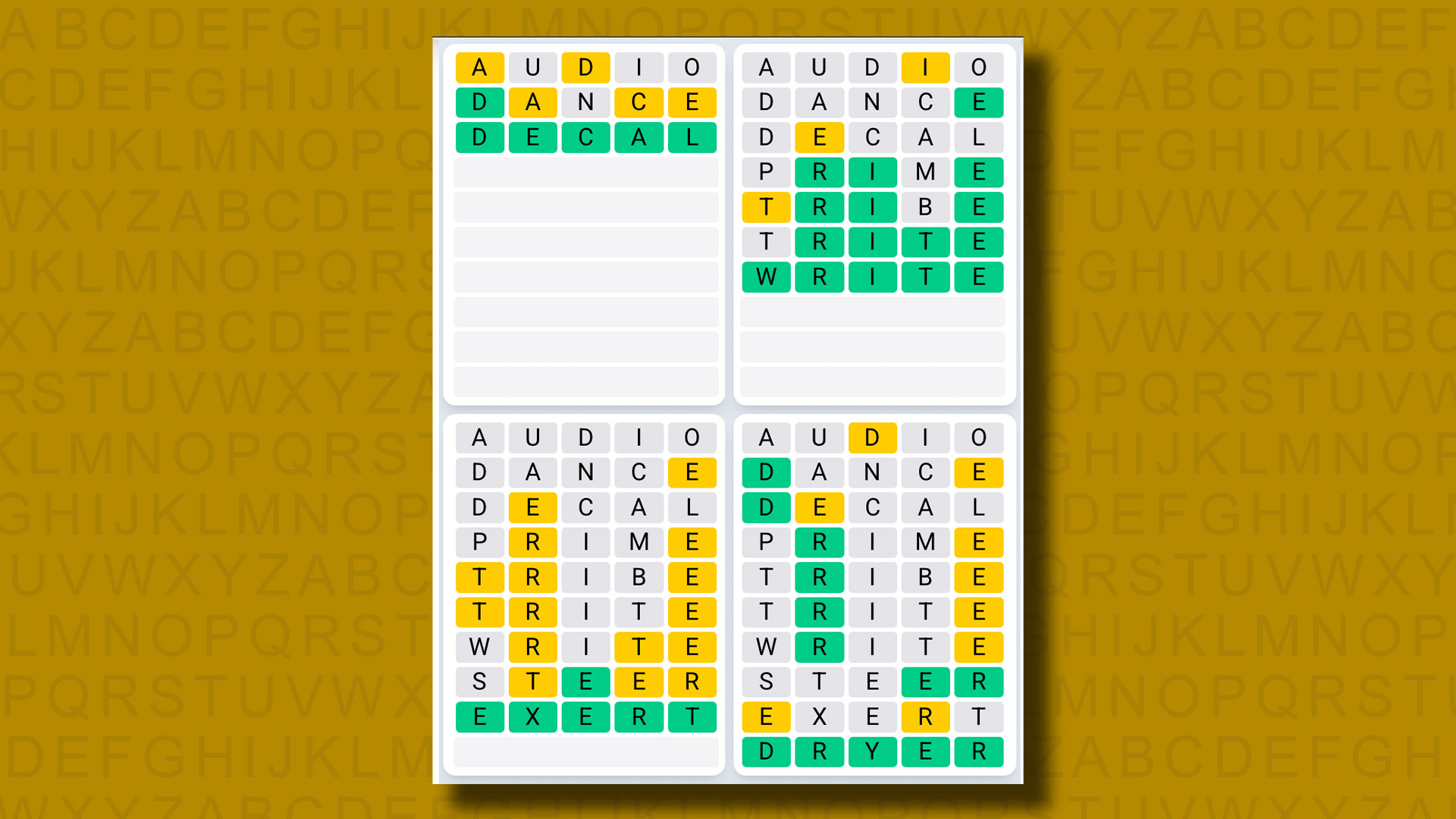 Quordle Daily Sequence answers for game 1340 on a yellow background