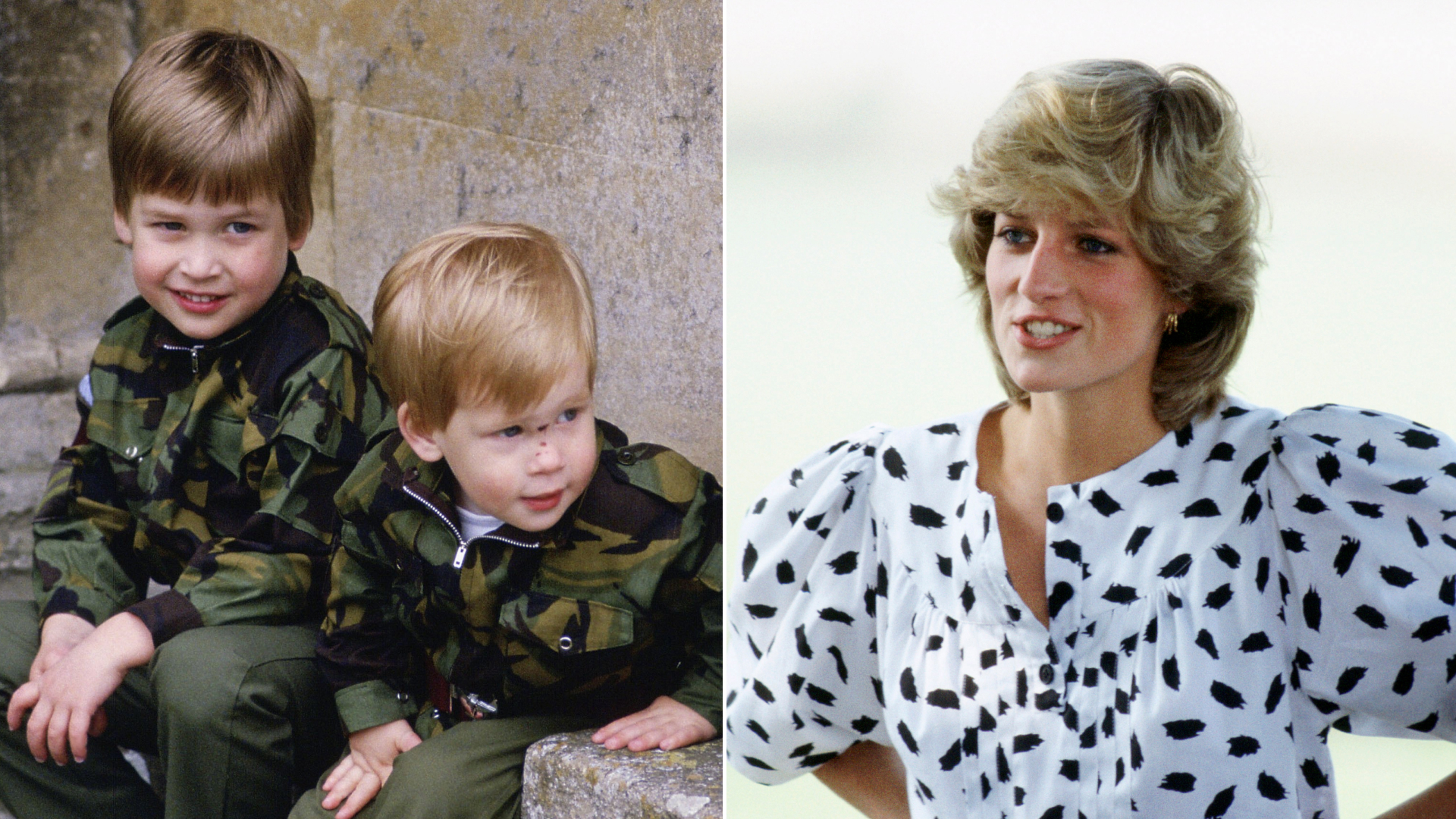 Princess Diana wears a black and white spotted shirt with baggy sleeves and has short blonde bouffant hair