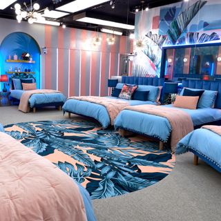 cbb 18 house bedroom with bohemian tropical paradise and cornflower blue and blush pink paired duvet