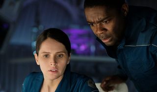 The Midnight Sky Felicity Jones and David Oyelowo look at a concerning message