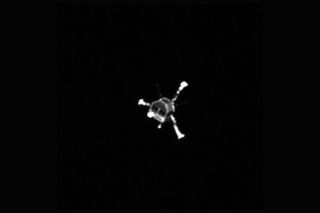The European Space Agency's Philae comet lander is seen by the Rosetta spacecraft in this image captured on Nov. 12, 2014 as Philae headed for its landing on Comet 67P/Churyumov-Gerasimenko. The probe went silent 60 hours later and reawakened on June 13, 