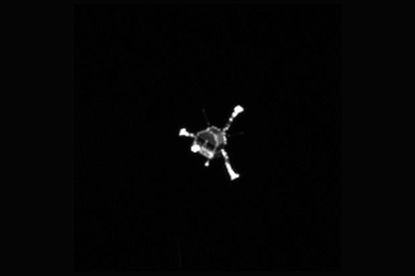 The European Space Agency's Philae comet lander is seen by the Rosetta spacecraft in this image captured on Nov. 12, 2014 as Philae headed for its landing on Comet 67P/Churyumov-Gerasimenko. The probe went silent 60 hours later and reawakened on June 13, 