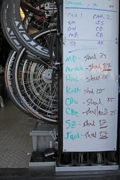 Keeping track of rider preferences for wheels and cassettes is a job for the white board.