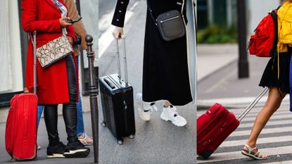 what to wear on a plane: three women with suitcases 
