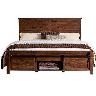 wooden bed with sliding storage in base