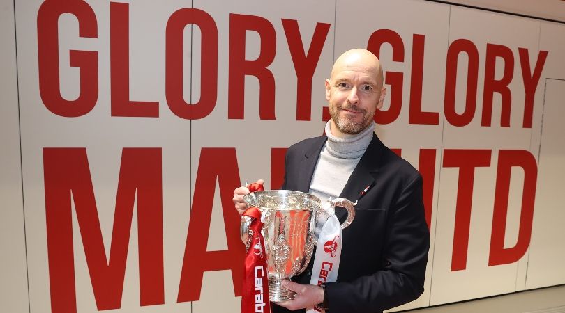 Erik ten Hag poses with the Carabao Cup after Manchester United&#039;s win over Newcastle at Wembley.