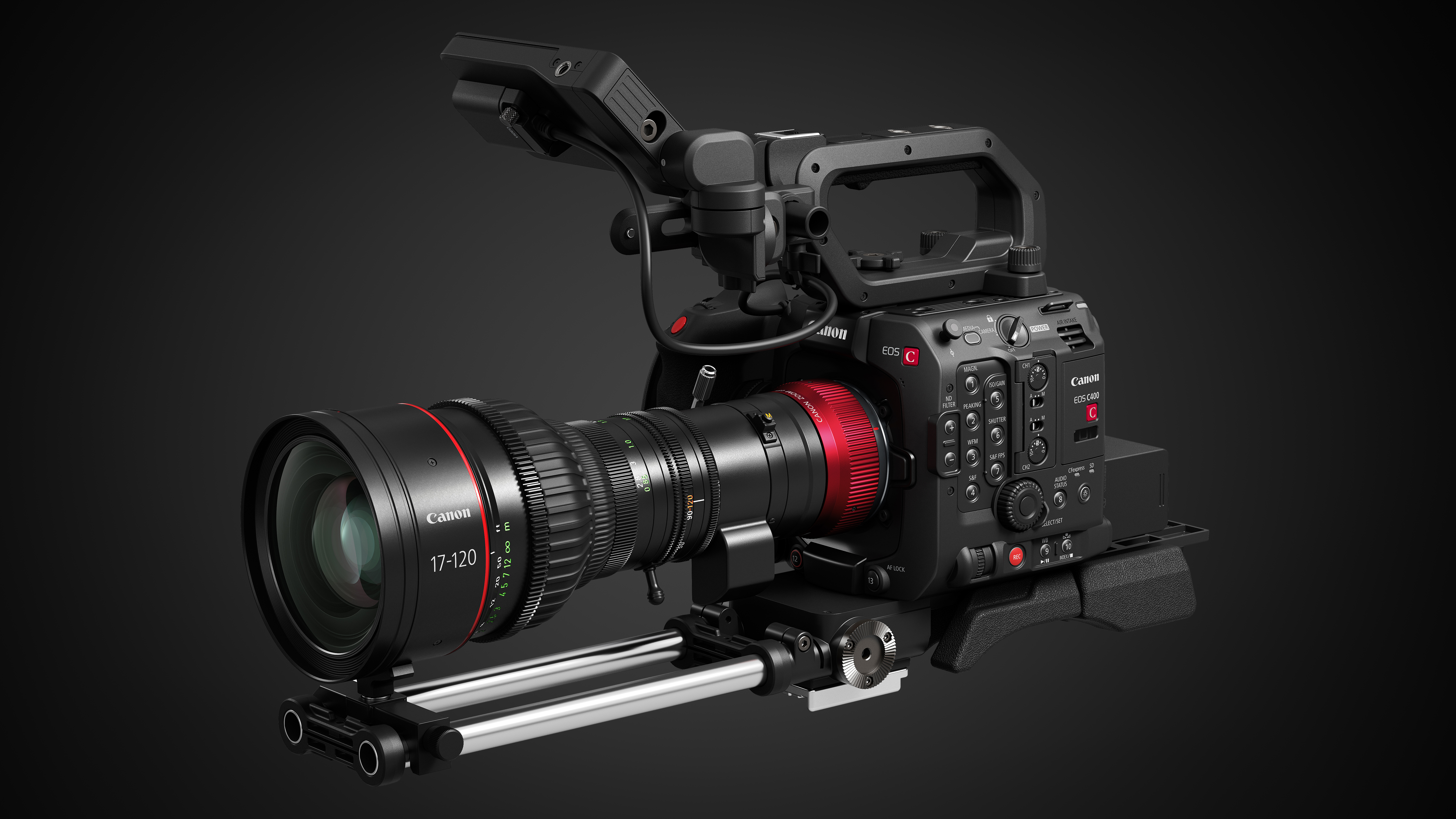 The Canon Cine-Servo 17-120mm lens, mounted to a Canon EOS C400, against a black background