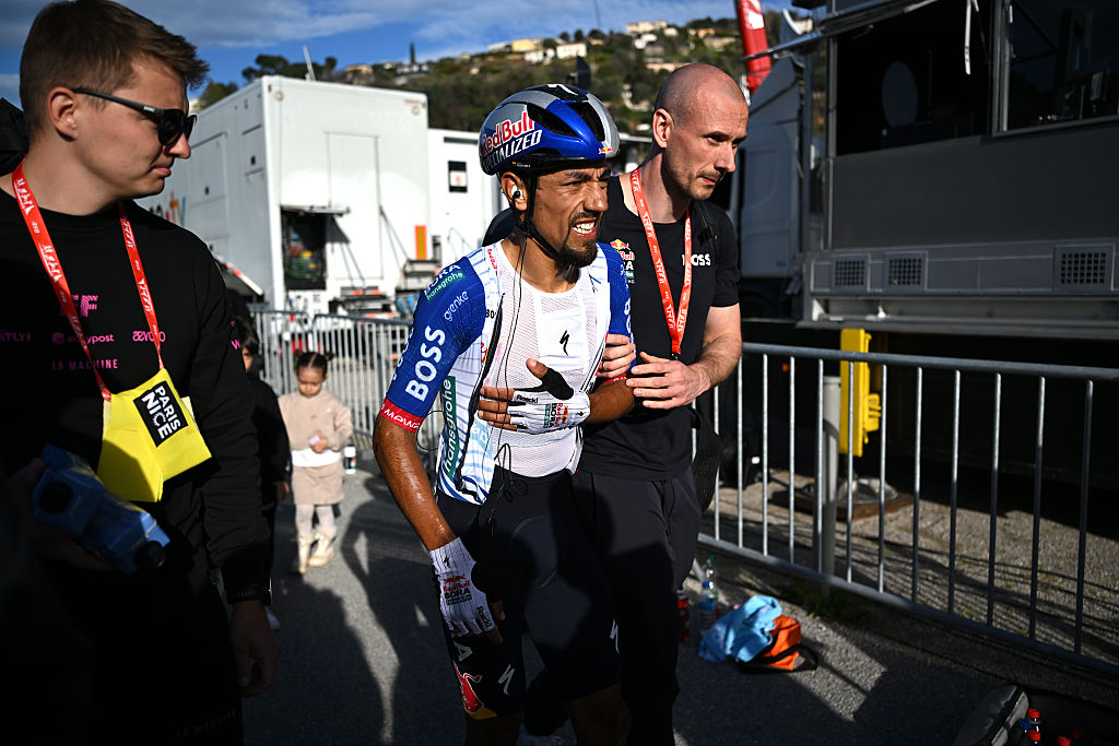 NICE, FRANCE - MARCH 15: Daniel Felipe Martinez of Colombia and Team Red Bull - BORA - hansgrohe reacts after the 84th Paris-Nice 2026, Stage 8 a 129.2km stage from Nice to Nice / #UCIWT / on March 15, 2026 in Nice, France. (Photo by Szymon Gruchalski/Getty Images)