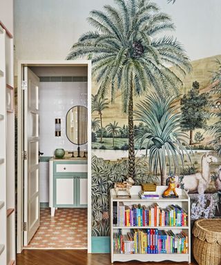 Palm tree wallpaper, white shelves