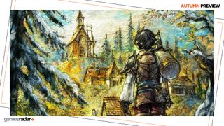 Key art for Octopath Traveler 0 shows a character looking out at a town, surrounded by trees.