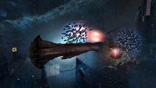 Eve Online screenshot which shows multiple ships converging ahead of a massive-scale online battle