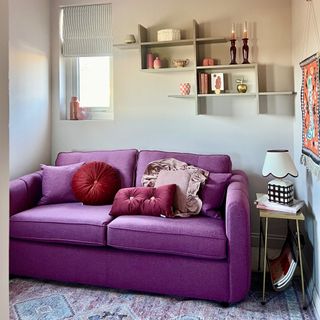 spare bedroom with purple sofa bed and wall shelf