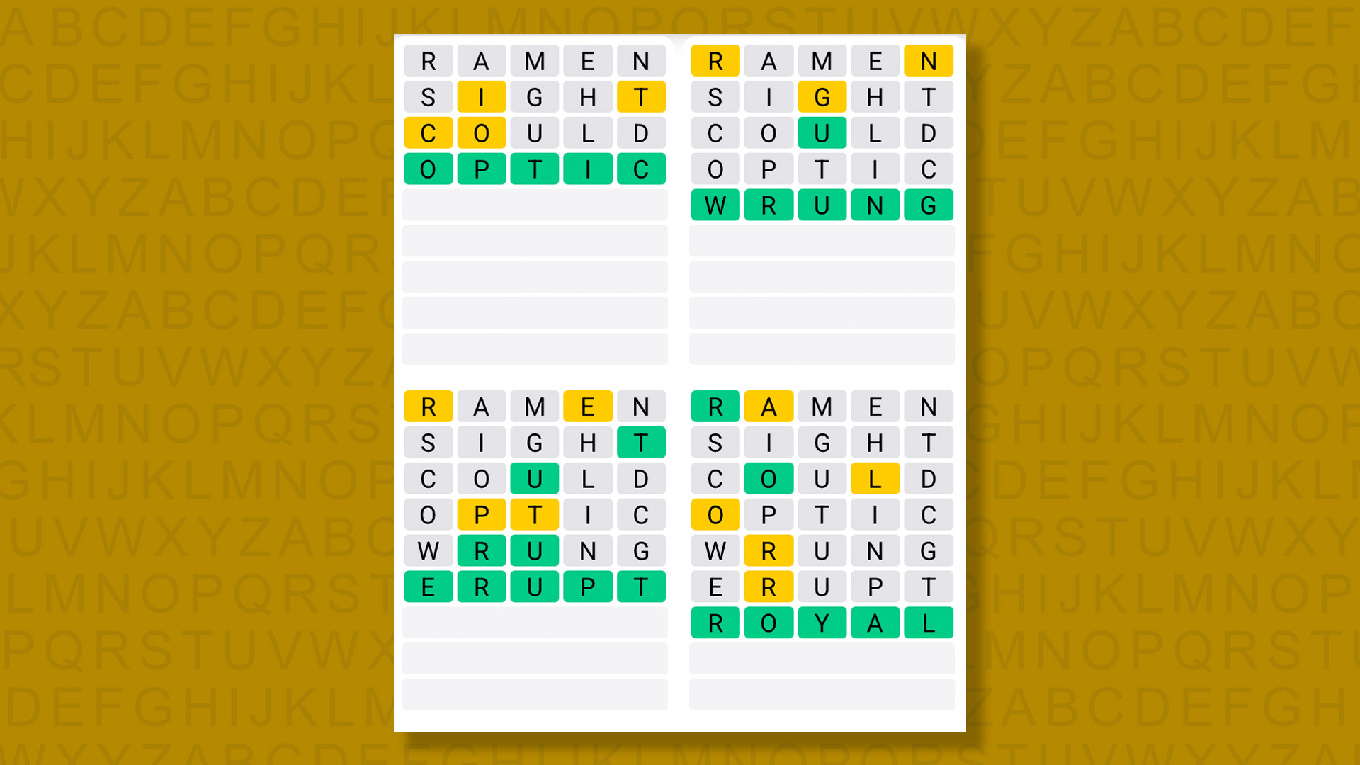 Quordle answers for game 1406 on a yellow background