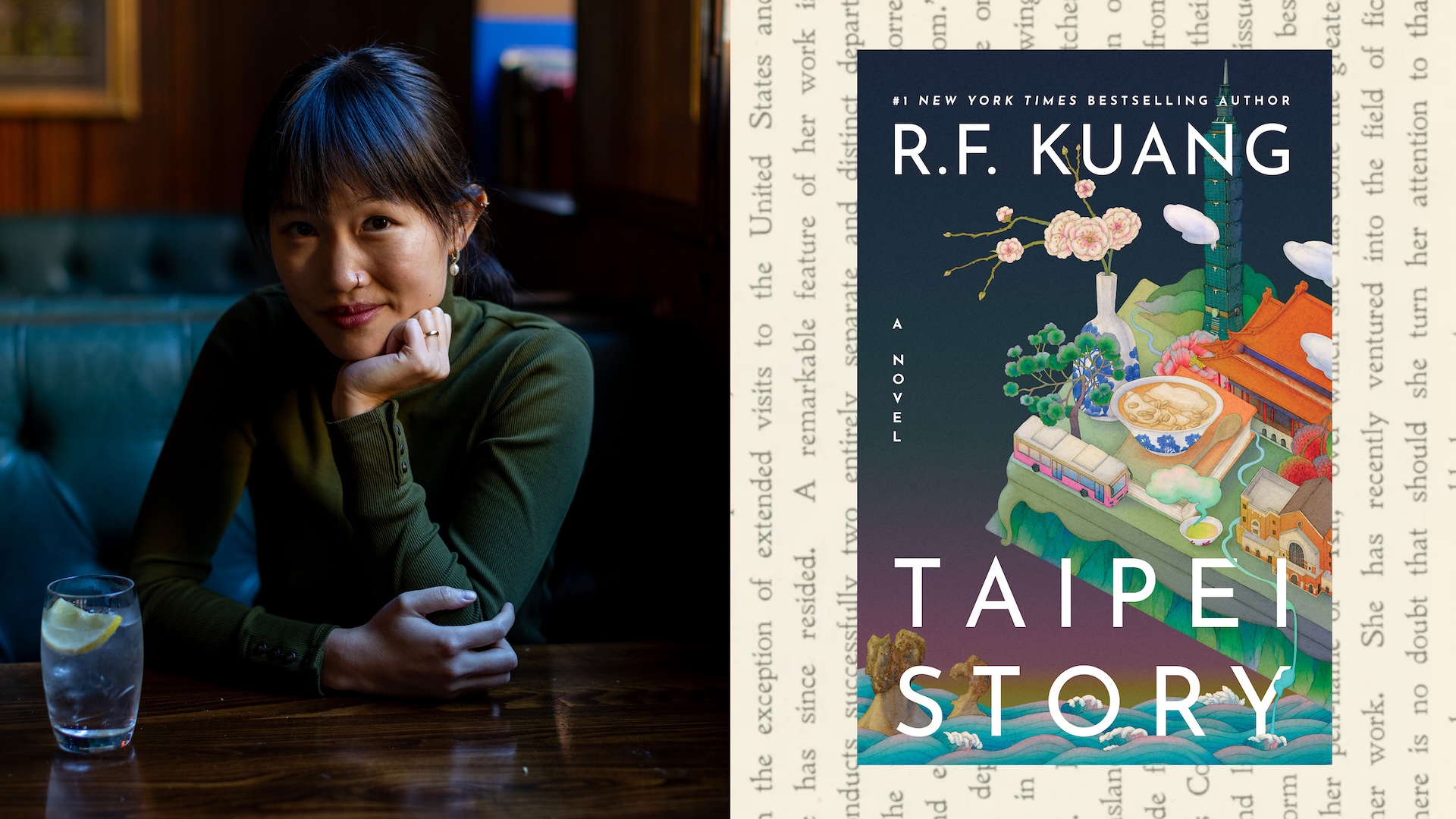 A split image of author R.F. Kuang, resting her head on her hand while sitting with her shoulder propped on a restaurant booth table, next to the cover art for 'Taipei Story.'