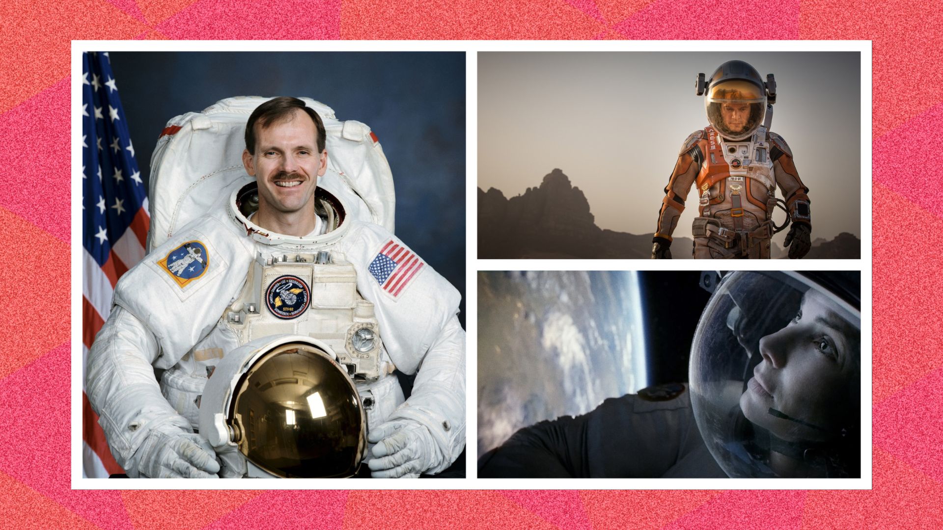 Three images sliced together one of astronaut Steve Smith with two images from the film Gravity and The Martian