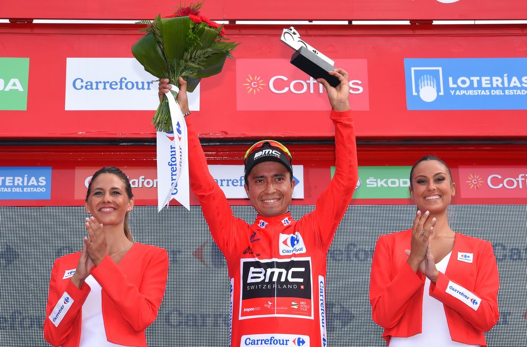 Darwin Atapuma (BMC) celebrates his red leader's jersey