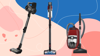 Image of best vacuum cleaner from Bissell on blue graphic background