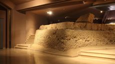 Remains of the Heroon, a small temple built for the burial cluster of Philip II at the Museum of the Royal Tombs inside the Great Tumulus of Aigai (Aegae)