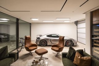 pixel house interior of parking lounge with car
