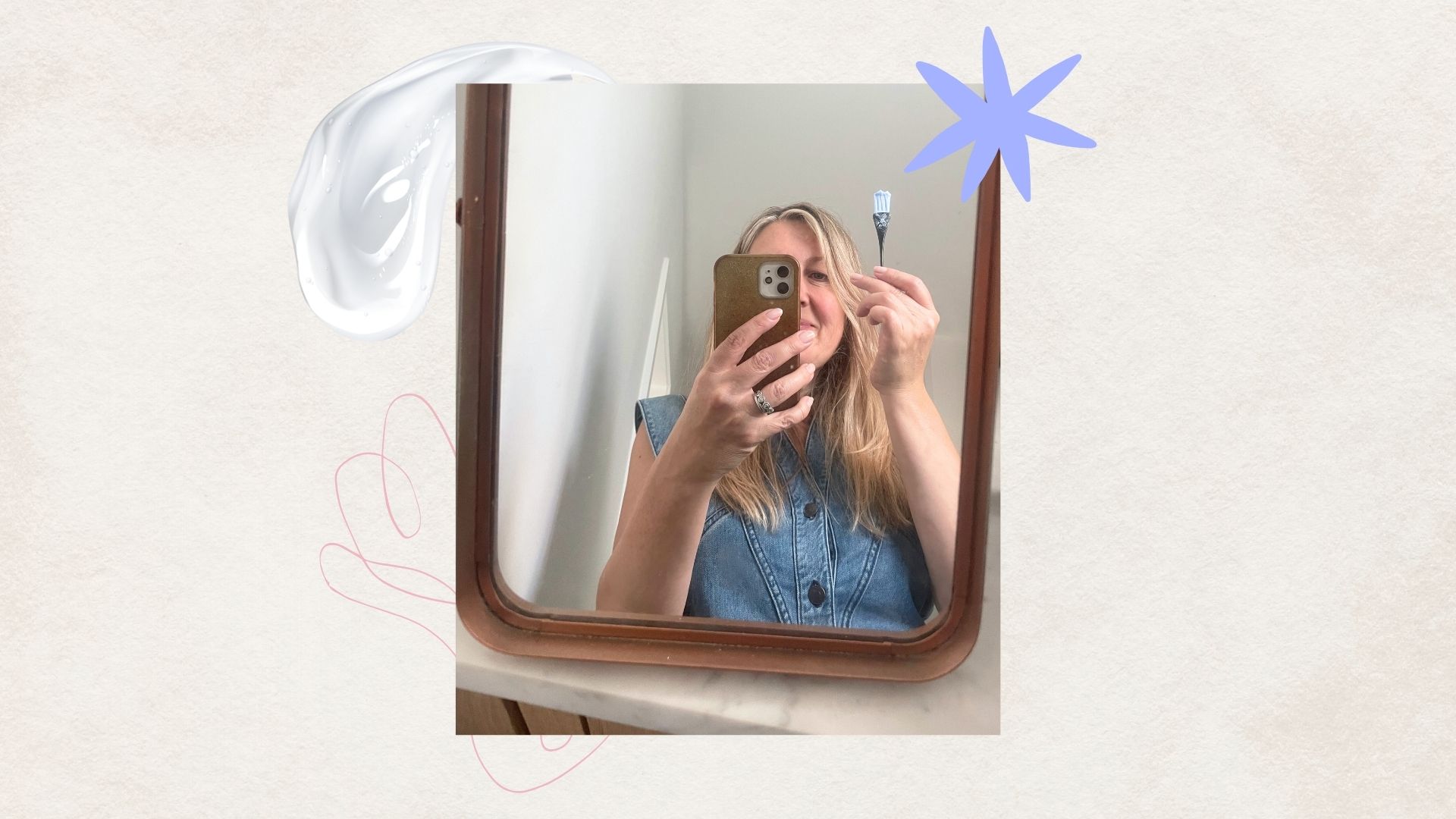 a beige backdrop with a swoosh of white hair cream, a pink illustrative doodle, a lavender star and a square image of a blonde woman wearing a denim top, taking a selfie in a mirror holding a hair dye brush