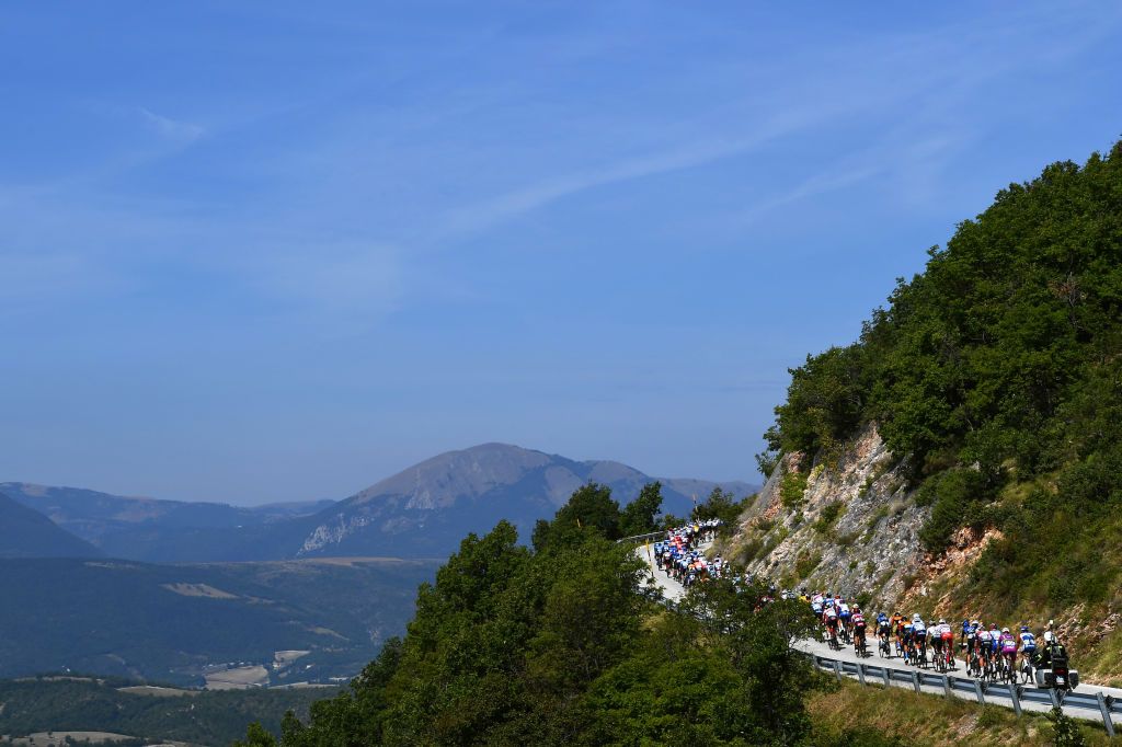 SARNANO ITALY SEPTEMBER 11 Peloton Mountains Landscape during the 55th TirrenoAdriatico 2020 Stage 5 a 202km stage from Norcia to SarnanoSassotetto 1335m TirrenAdriatico on September 11 2020 in Sarnano Italy Photo by Justin SetterfieldGetty Images
