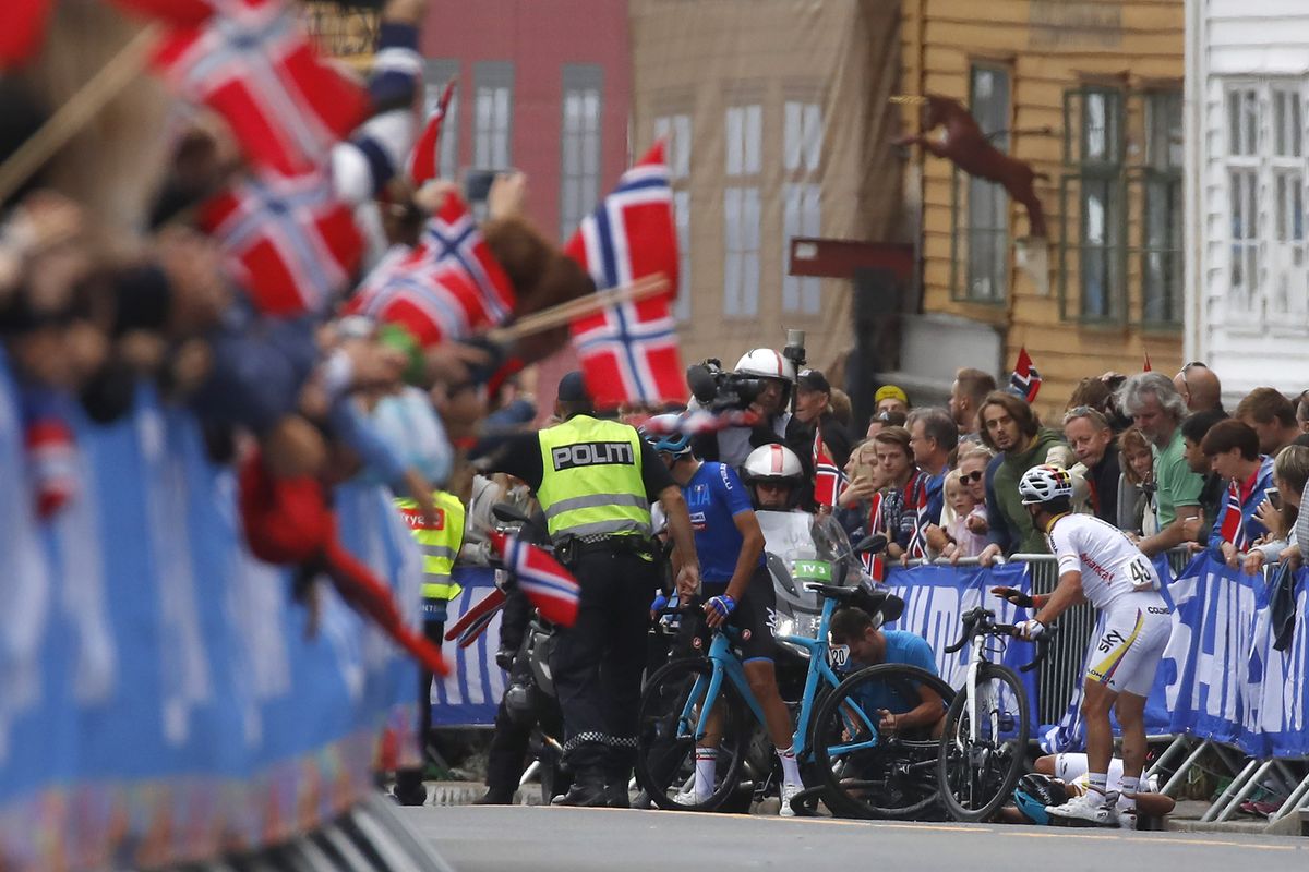 A crash with 37km to go stopped Gianni Moscon among others