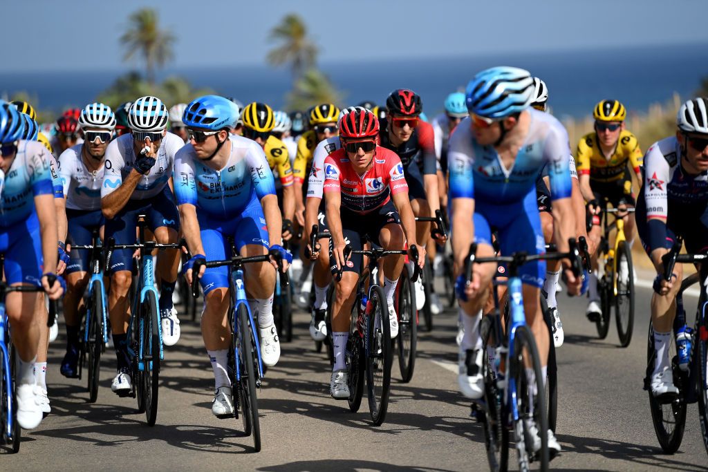 CABO DE GATA SPAIN AUGUST 31 Remco Evenepoel of Belgium and Team QuickStep Alpha Vinyl Red Leader Jersey competes during the 77th Tour of Spain 2022 Stage 11 a 1912km stage from ElPozo Alimentacin Alhama de Murcia to Cabo de Gata LaVuelta22 WorldTour on August 31 2022 in Cabo de Gata Spain Photo by Justin SetterfieldGetty Images