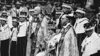 Queen Elizabeth II seated upon the throne at her coronation in Westminster Abbey