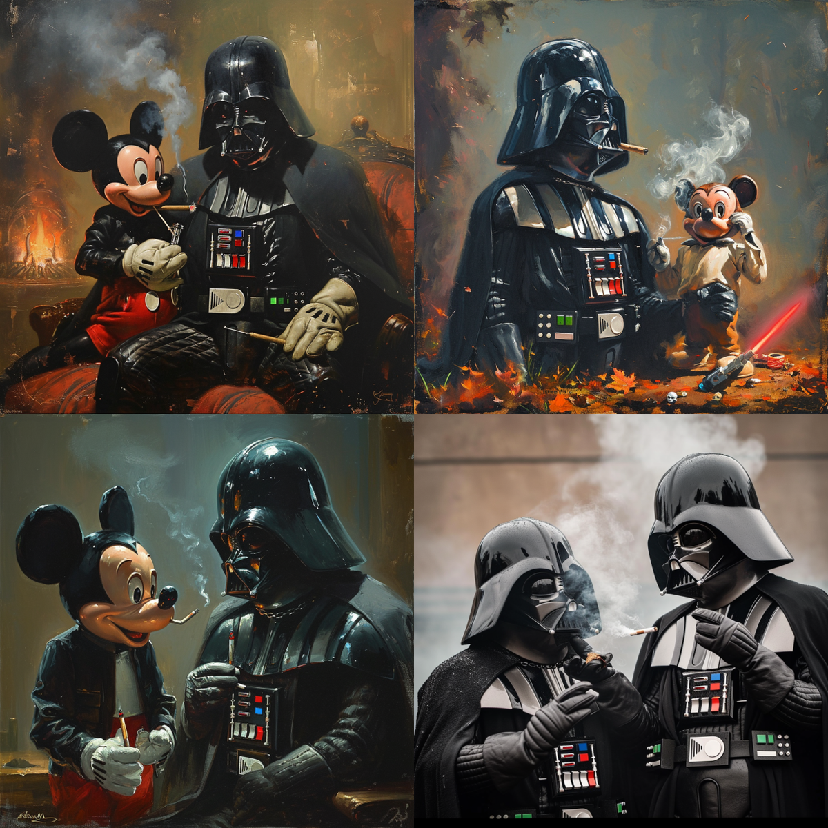 Mickey Mouse and Darth Vader Smoking, Generated by Midjourney