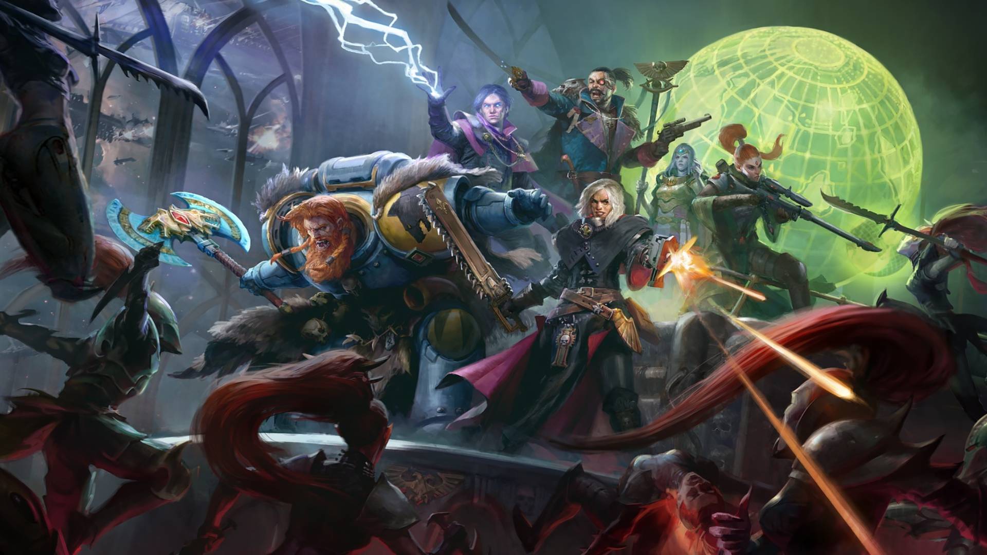 Key art for Warhammer 40,000: Rogue Trader showing various character classes