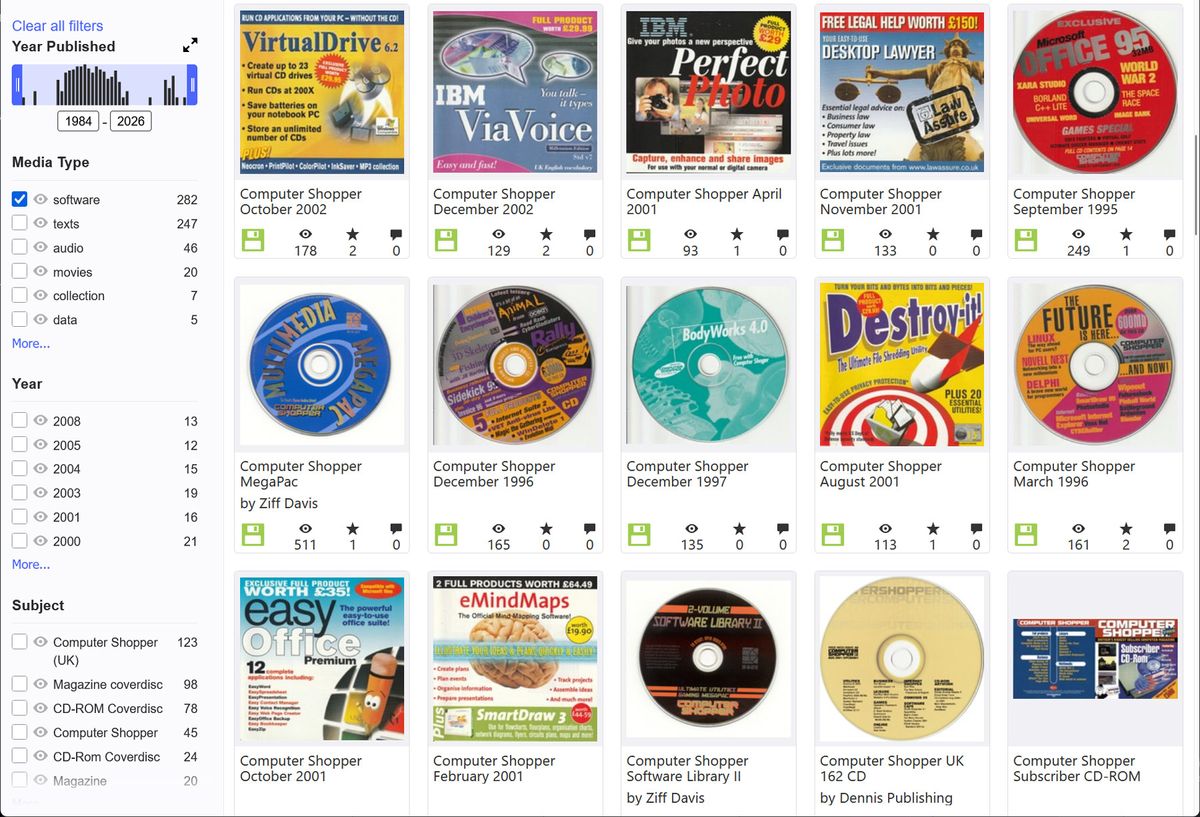Sscreenshots showing just a few of the many cover disks on the Internet Archive