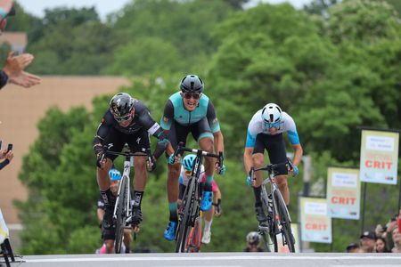 Bryan Gomez (Best Buddies Racing) just catches and surges ahead of Tyler Williams (L39ION of Los Angeles) on the line to take out the stage 4 criterium at the Joe Martin Stage Race