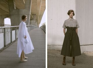 Model wear white parachute dress with creme loafers, and grey shirt with black oversized culottes and boots