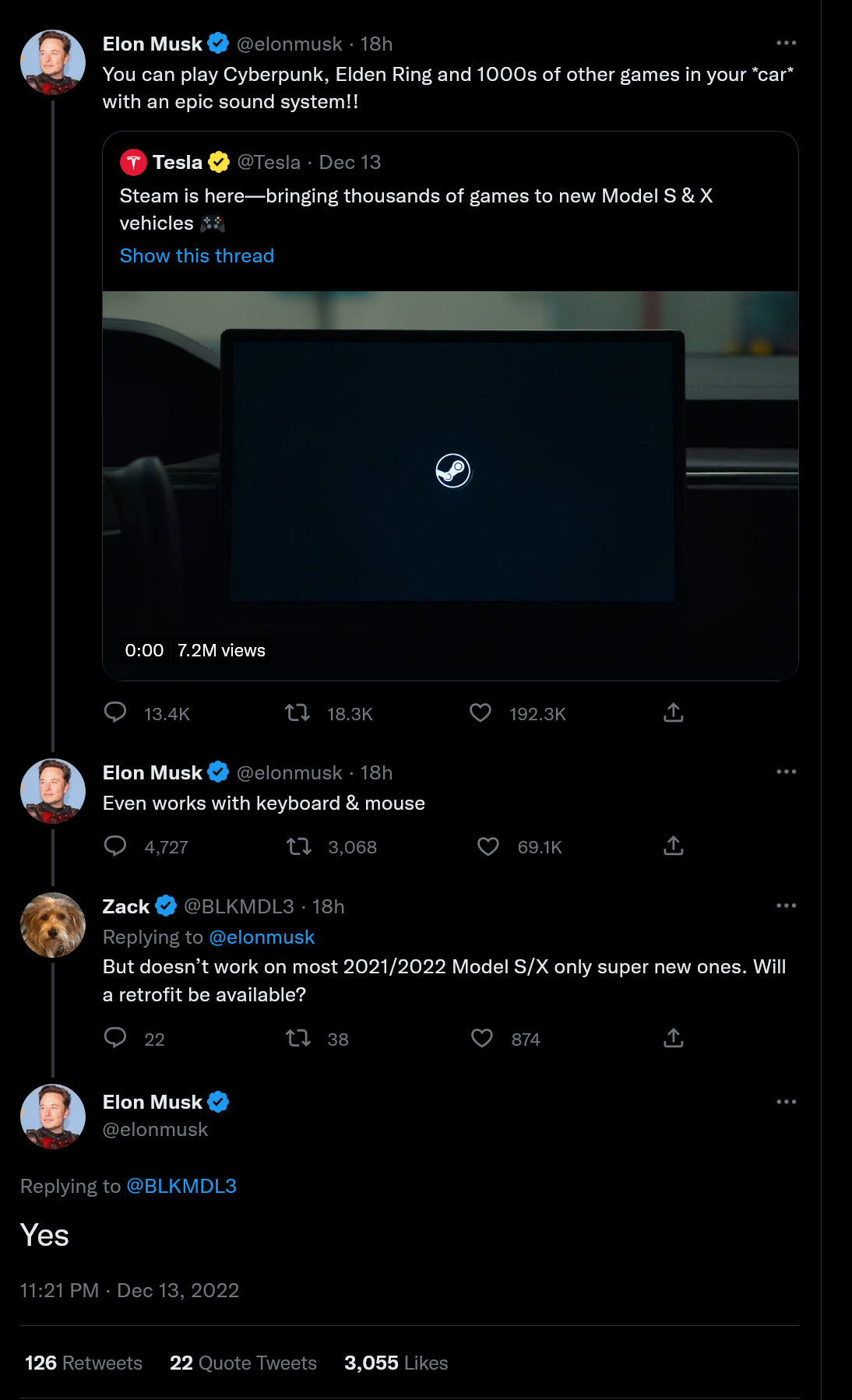 Elon Musk tweeting about Steam on Tesla