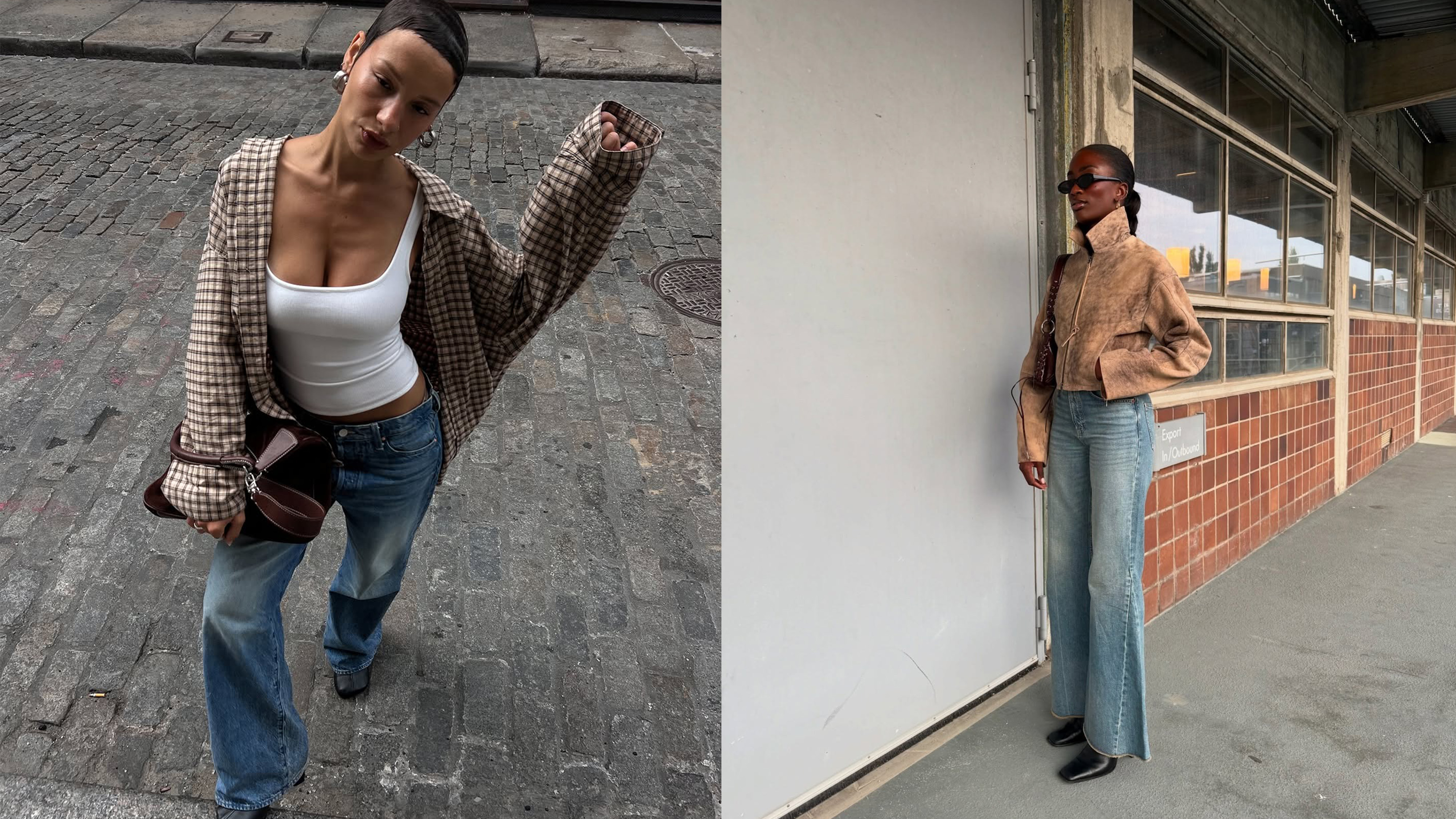 Two women wearing dirty denim wash jeans with jackets in fall.