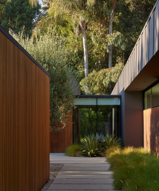 Modern wooden decking in outdoor space looking onto house with desert plants in borders