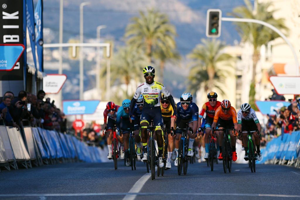 ALTEA SPAIN FEBRUARY 01 A general view of Biniam Girmay of Eritrea and Team Intermarche Circus Wanty Ivn Garca Cortina of Spain and Movistar Team Olav Kooij of The Netherlands and Team Jumbo Visma Jos Joaqun Rojas of Spain Alex Aranburu of Spain and Movistar Team Antonio Jess Soto of Spain and Team Euskaltel Euskadi and Samuele Battistella of Italy and Astana Qazaqstan Team and the peloton sprint to win during the 74th Volta a la Comunitat Valenciana 2023 Stage 1 a 1894km stage from Orihuela to Altea VCV2023 VoltaValenciana on February 01 2023 in Altea Spain Photo by Dario BelingheriGetty Images
