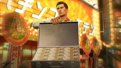 Kiryu opens up a briefcase full of money in Yakuza 0 as he buys more property