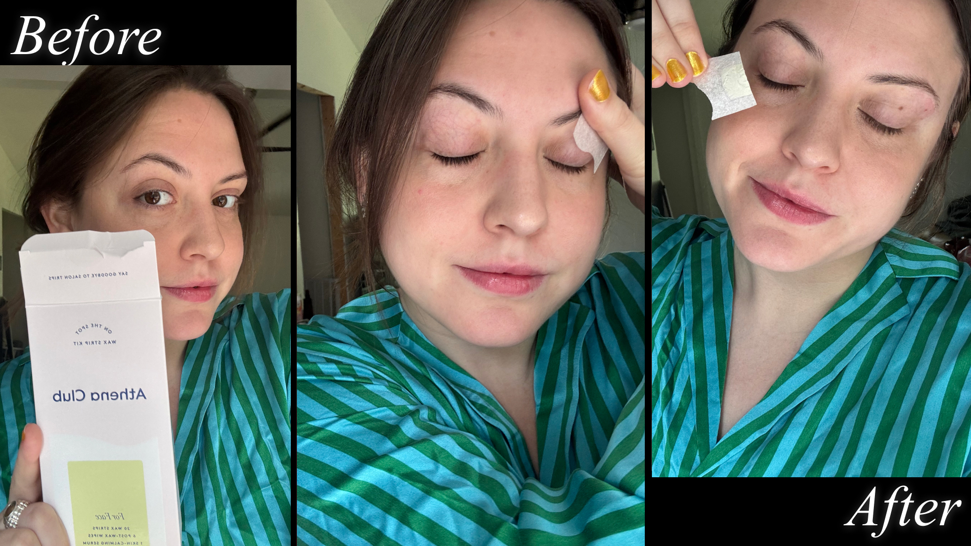 Sophia Vilensky before, during, and after a brow wax with Athena Club's facial wax kit.