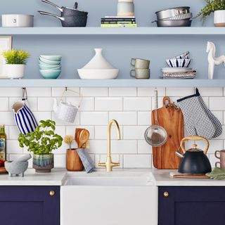 Blue kitchen with open shelves