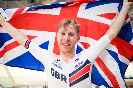 Mark Stewart (Great Britain) celebrates winning the Points Race at the 2026 UCI Track World Championships